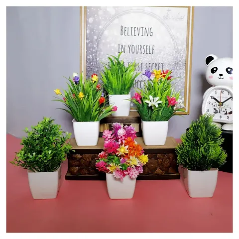 Modo Artificial Plants with Plastic Pot for Home Living Room Table Top Mini Decorative Succulent Bonsai Plants Indoor Office Desk, Festival Gift, Set of 6