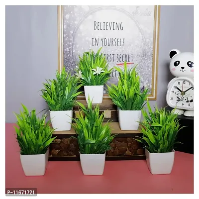 Modo Artificial Plants with Pot for Home Decor Living Room Office Desk Top Mini Planter Decorative Samll Succulent Bonsai Plant with Pots Indoor, Festival Gift - Set of 6 (White, 14.5 cm)