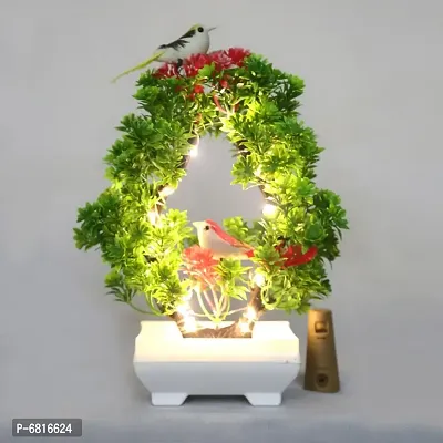 Artificial Bonsai Tree with Sparrow - Living Room Dining Table Decor |Home,Office Party Decor |Speacial Ocassion Decor | Festival Theme Decorative | Green  Red Color with LED Light
