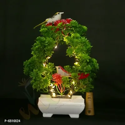 Artificial Bonsai Tree with Sparrow - Living Room Dining Table Decor |Home,Office Party Decor |Speacial Ocassion Decor | Festival Theme Decorative | Green  Red Color with LED Light-thumb2