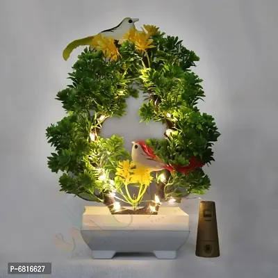 Artificial Bonsai Tree with Sparrow - Living Room Dining Table Decor |Home,Office Party Decor |Speacial Ocassion Decor | Festival Theme Decorative | Green  Yellow Color with LED Light-thumb0