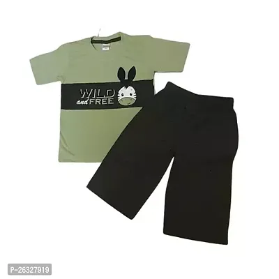 Fabulous Olive Cotton Printed T-Shirts with Shorts For Boys-thumb0