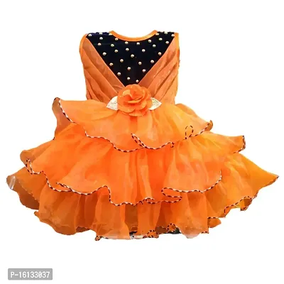 Maruf Dresses Selfdesign Baby Girl's Party Dress/Frock (9-12 Months, Orange)-thumb0