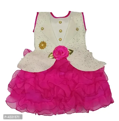 Pink Net Button Style Flower Design Frock For Girls-thumb0