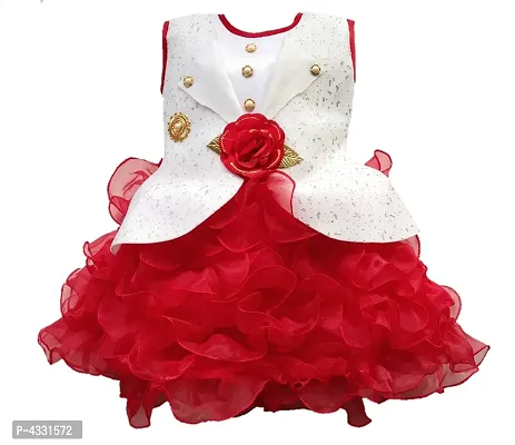Red Button Style Flower Design Frock For Girls-thumb0
