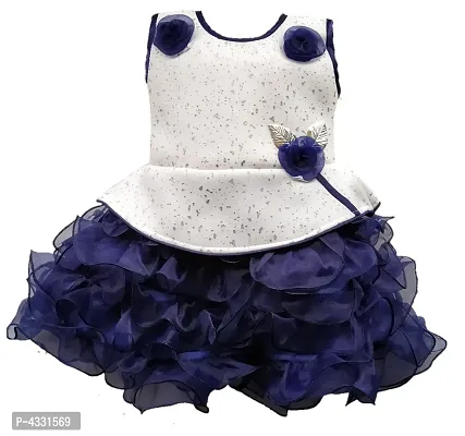 Navy Blue Net Flower Patch Work Frock For Girls-thumb0