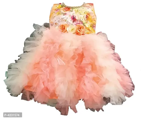 Peach Net Flower Applique Sleeveless Frock For Girls