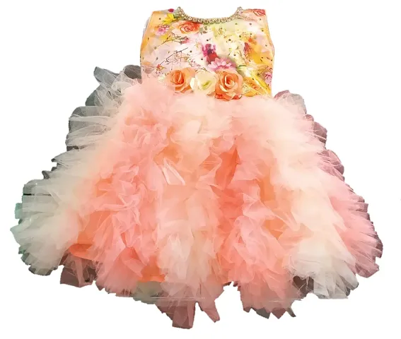 Net Flower Applique Sleeveless Frock For Girls