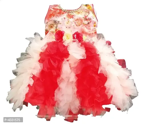 Red Net Flower Applique Frock For Girls