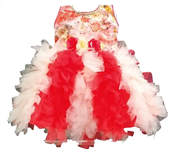 Net Flower Applique Frock For Girls