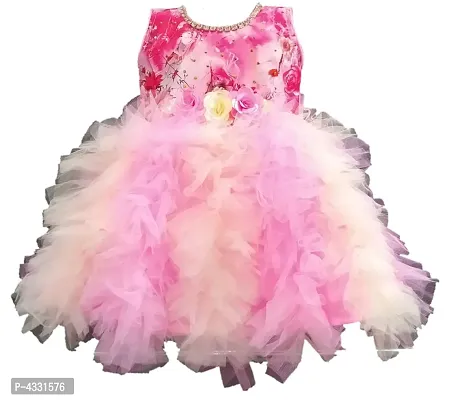 Pink Net Flower Applique Frock For Girls