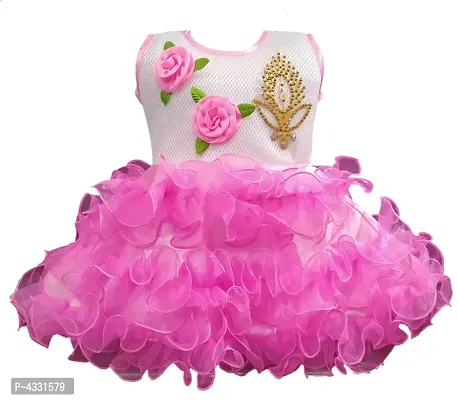 Pink Net Flower Patch Design Frock For Girls