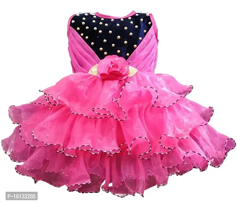 Maruf Dresses Selfdesign Baby Girl's Party Dress/Frock (18-24 Months, Pink)