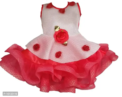 Maruf Dresses Sagar 4025 Baby Girls Selfdesign Round Neck Net Dress (Red  White, 18 to 24 Months)