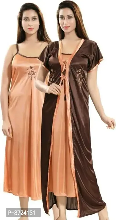 Trendy Multicolored 2-In-1 Night Gown With Robes In Satin For Women-thumb0