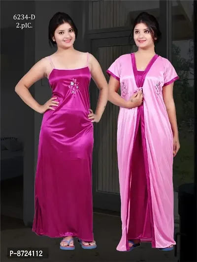Trendy Multicolored 2-In-1 Satin Night Dress Set For Women