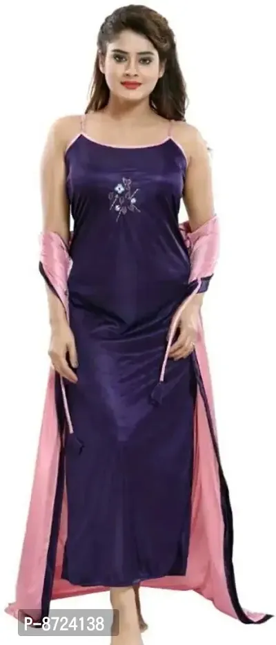 Trendy Multicolored 2-In-1 Satin Night Dress With Gowns For Women