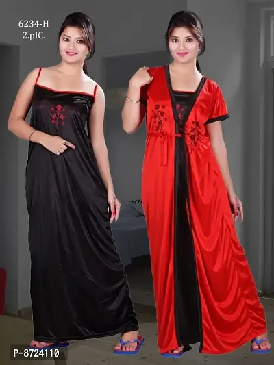 Trendy Multicolored 2-In-1 Satin Night Dress Set For Women