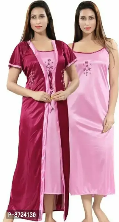 Trendy Multicolored 2-In-1 Night Gown With Robes In Satin For Women-thumb0