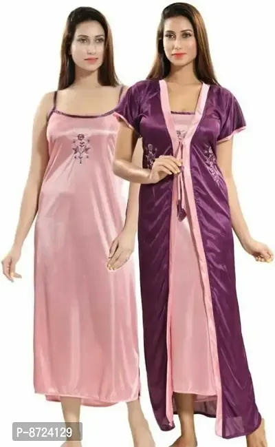 Trendy Multicolored 2-In-1 Night Gown With Robes In Satin For Women