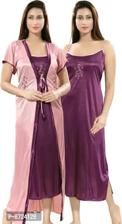 Trendy Multicolored 2-In-1 Night Gown With Robes In Satin For Women-thumb0