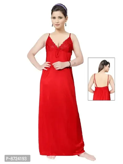 Trendy Red Lace Work Sleeveless Nighty For Women