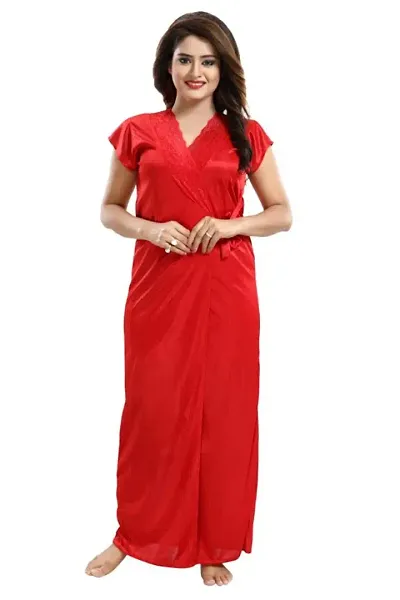 Stylish Fancy Satin Short Sleeves Bridal Short Night Dress With Robes For Women