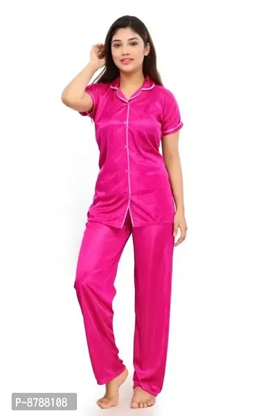 Nightsuits For Women/Women Fancy Satin Solid Night Suit Set-thumb0