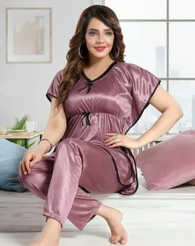 Divine Fashionable Satin Solid Nightsuit Set/Kaftan Night Suit Set/Nightsuits For Women