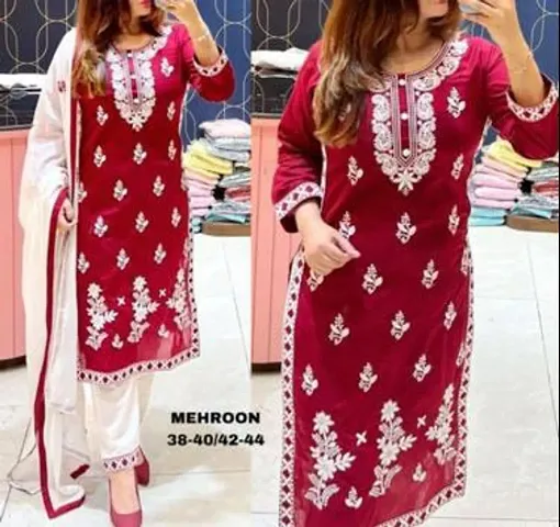 Fancy Rayon Embroidery Kurta With Palazzo And Dupatta Set