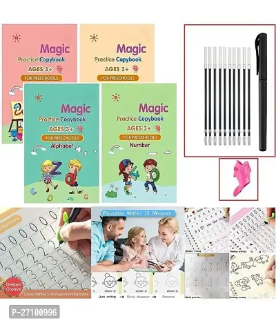 Sank Magic Practice Copybook For Kids (4 BOOK + 1 GRIP, 1 PEN + 10 REFILL ) Magic Book For Kids, Magic Practice Copy Book For Kids, Reusable