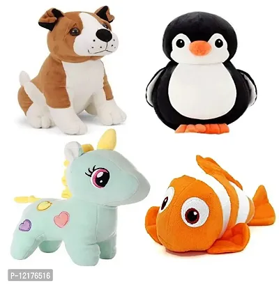 Pack of 4 toys set BULL DOG, Blue Unicorn, Penguin ,Fish Toy Animals for Kids/Girls/Boys - 30 cm (Multicolor)