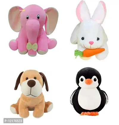 Pack of 4 Elegant Soft Toys Combo Set Appu Elephant (25 cm), Penguin(20 cm), White Rabbit(28 cm), Setting Dog Mini (25cm) for Kids
