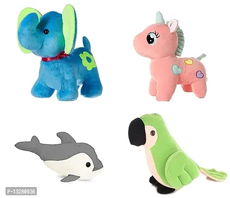 Animals Soft Toy Kids for Playing Soft Toy Dolpin Parrot Elephant  Unicorn.All Best Stuff Toys for Kids Playing Birthday Gift (30cm) Pack of 4