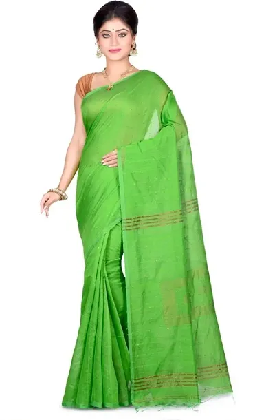 BENGAL HANDLOOM Women's Jamdani Silk Saree With Blouse Piece (Color-Green)