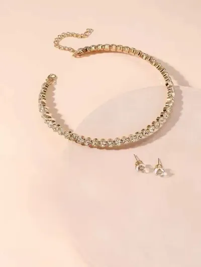 Plated Single Line big Diamond Necklace, Earrings and Bracelet Cubic Zirconia Gold-plated Plated Alloy Choker