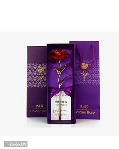 Red Rose Flower with Golden Leaf with Luxury Gift Box and Carry Bag-thumb0
