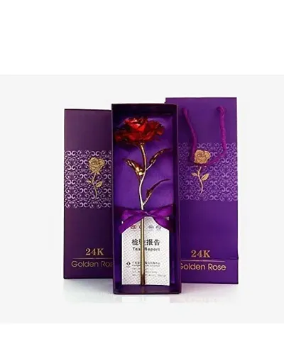 Red Rose Flower with Golden Leaf with Luxury Gift Box and Carry Bag