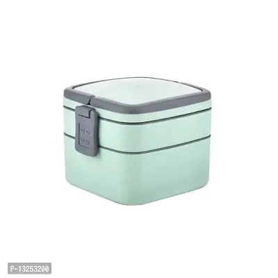 DOUBLE-LAYER PORTABLE LUNCH BOX STACKABLE WITH CARRYING HANDLE AND SPOON LUNCH BOX