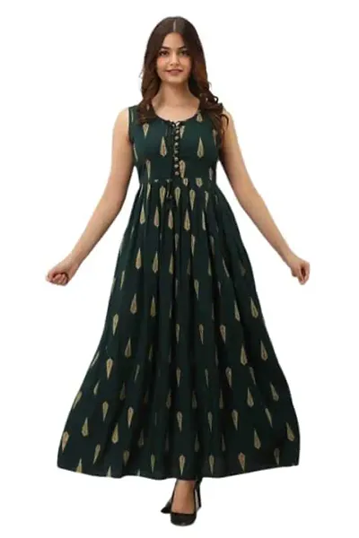 Sweety Enterprises Women's Rayon Printed Sleeveless Kurti Gown (gown-04-GN-XXL) Green