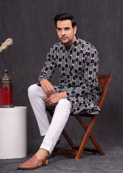 Indian Ethnic Wear Black  White Cotton Kurta with Matching Pajama