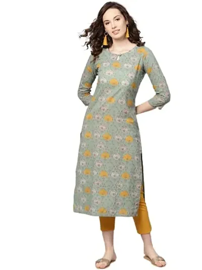 Dhanvins Floral Print Straight Cotton Kurta with Keyhole Neck