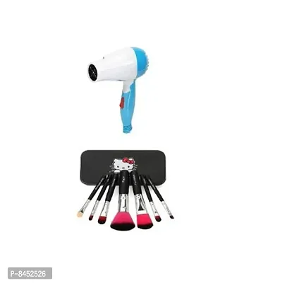 Combo Of NOVA NV-1290 1000W Foldable Hair Dryer for Women With 7 In 1 Makeup Brushes