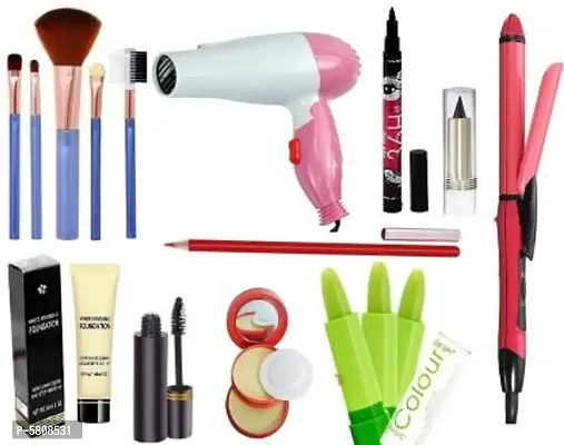 Hair Straightener+Hair Dryer+Foundation+3 pcs Green Level Lipsticks+Compact+36Eyeliner+Kajal+Mascara+Lipliner+5 Pcs Makeup Brush(10 item in the set)