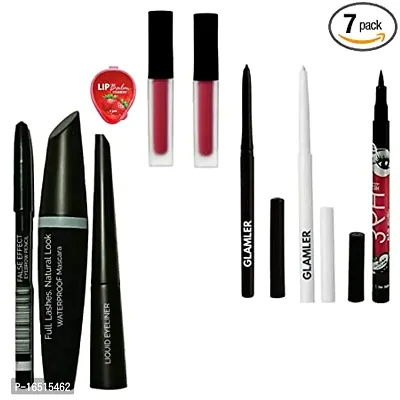 Combo Lip Balm, Red Liquid Matte Lipstick, Waterproof Black  White Kajal, Sketch Eyeliner  3 IN 1 Pack Of 7.-thumb0