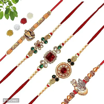 AVYA Rakhi with Roli Chawal for Brother Kundan Rakhi for Men Rakshabandhan Combo Pack (Pack of 5)-thumb0