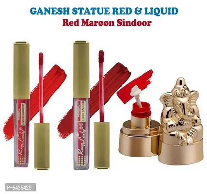 Kum Kum Herbal Red and Maroon Liquid Sindoor and Ganesh Statue Red Powder Sindoor Pack of 3