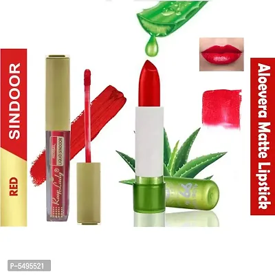 Amazing  Perfect Make-up Combo Aloevera Matte Red Lipstick and Liquid Herbal Red Sindoor-thumb0