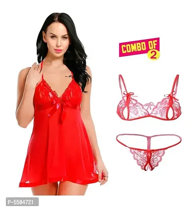 Women Fancy Lace Baby Doll Dresses Nightwear Red Color With Lingerie Set