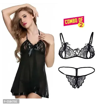 Women Fancy Lace Baby Doll Dresses Nightwear Black Color With Lingerie Set-thumb0